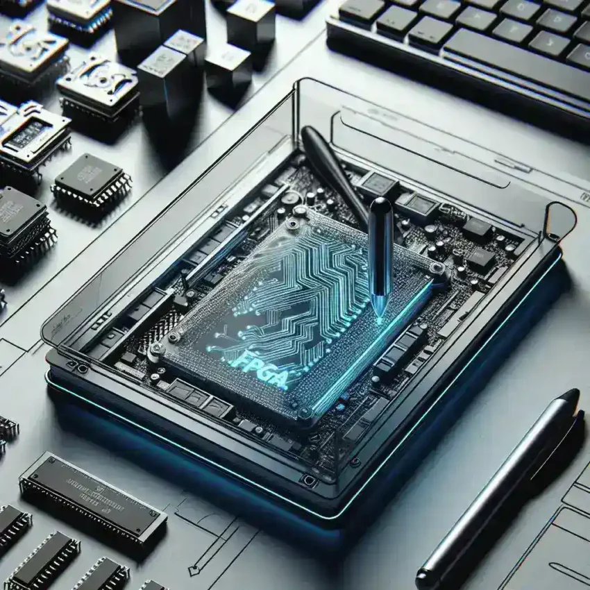 "FPGA notebook design showcasing customizable hardware options for enhanced flexibility and performance in portable computing."
