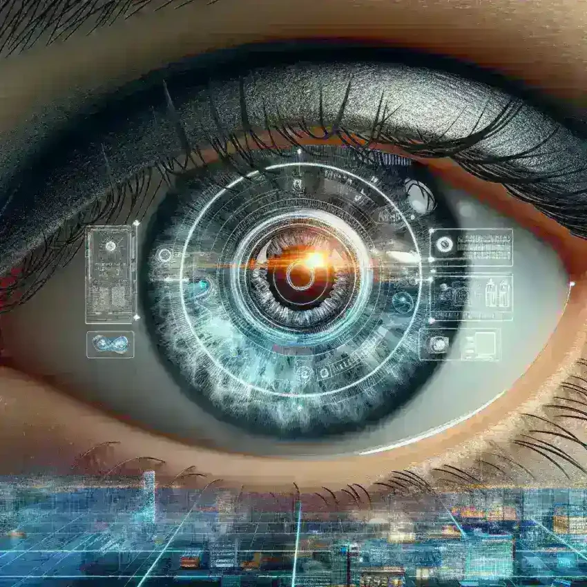 "Smart contact lenses with augmented reality technology for vision correction, showcasing innovative design and digital interface, highlighting the future of eye care."