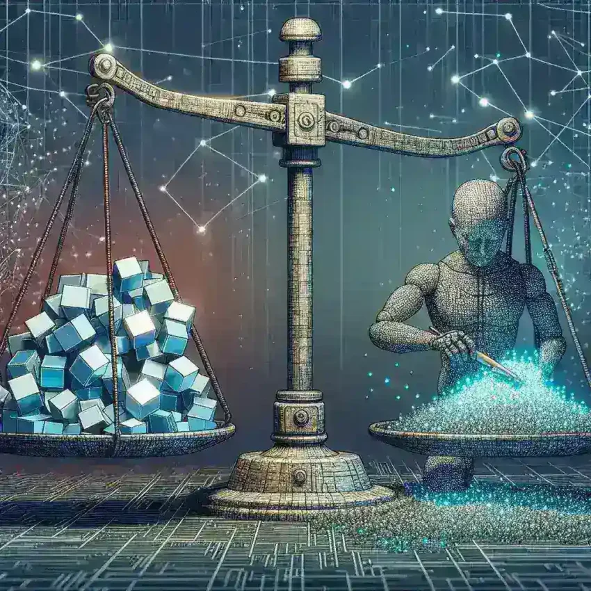 "Illustration depicting the ethical considerations of data scraping versus data collection, featuring a split image with symbols for web scraping on one side and public data collection on the other, representing the complexities in data ethics."