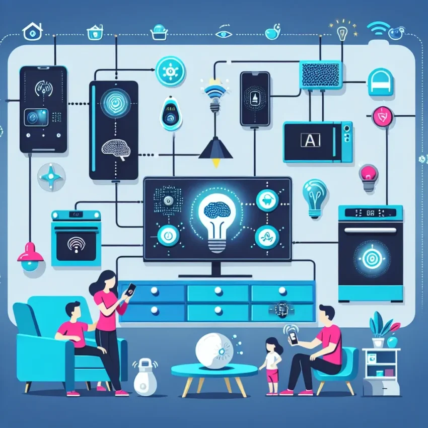 "Image showcasing Comcast's AI-powered household device coordination system, illustrating smart home technology integration in U.S. residences."
