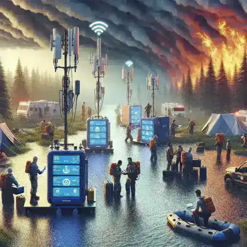 "Verizon 5G Emergency Response Kit displayed in a natural disaster zone, showcasing portable communication devices and essential emergency supplies for enhanced connectivity and support during emergencies."
