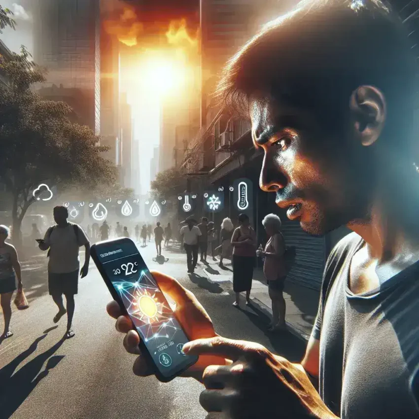 "User checking a weather app displaying NOAA's new heat risk scale and hyperlocal alerts on a smartphone, emphasizing the importance of timely weather information."